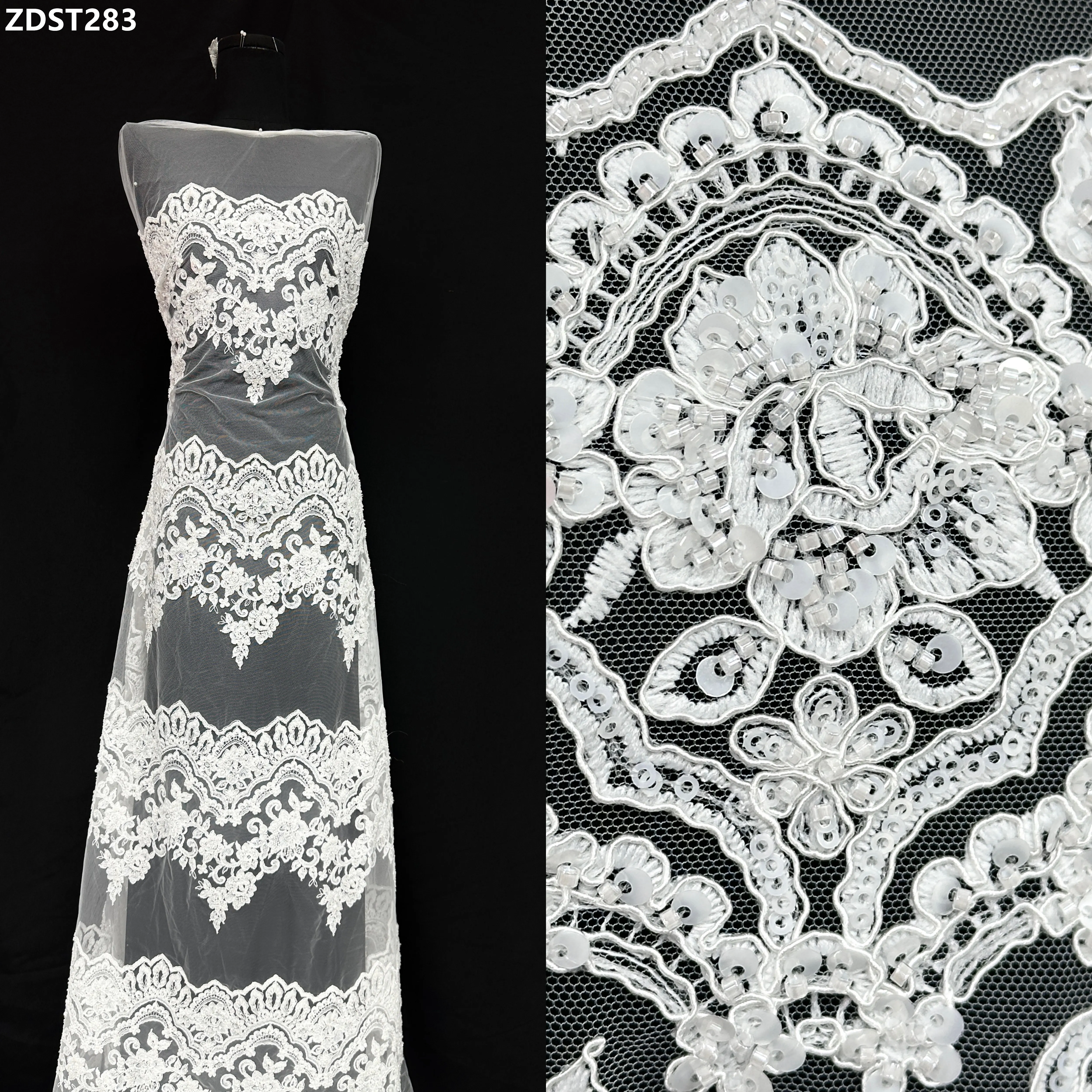 Classic French Style Luxury African Sequins Beaded Lace Fabric for European Wedding Lace Mesh Tulle Lace Fabric