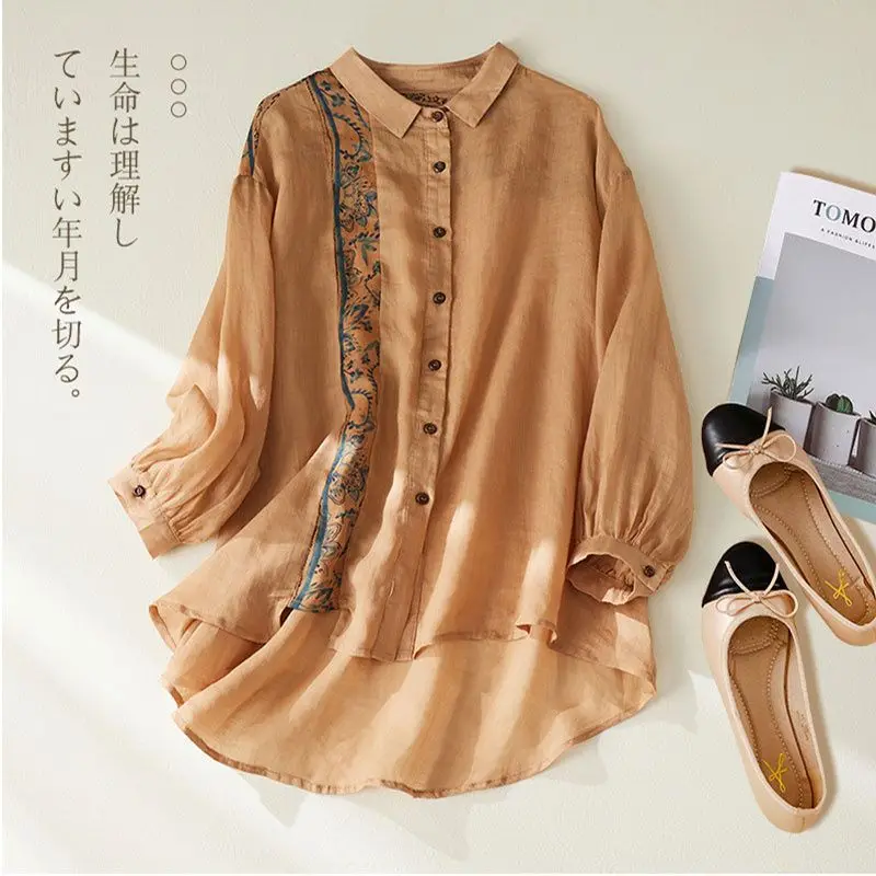 Retro Print Patchwork Long-sleeve Shirt Artistic Temperament Cotton and Linen Blouse for Women