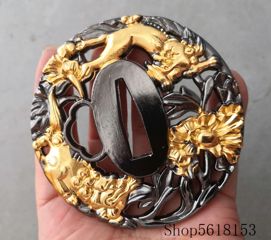 Hige alloy Two-tone lion tsuba  For Japanese katana wakizashi tanto