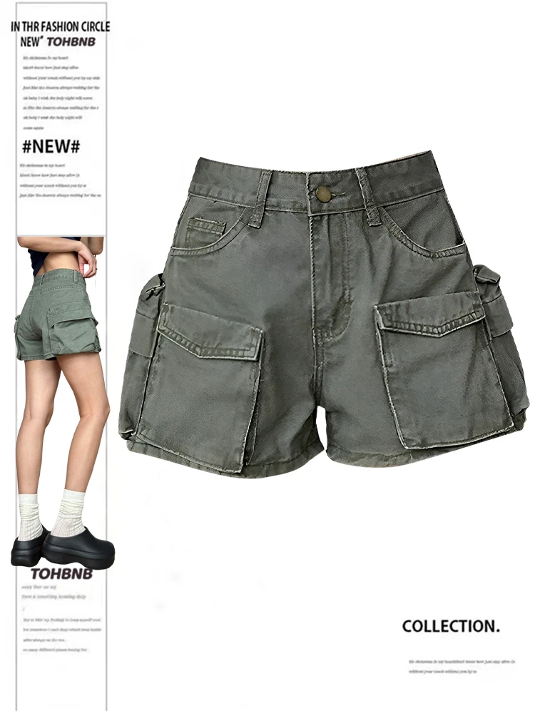 

Американская ретро военная рабочая одежда, джинсовая одежда, женские летние дизайнерские свободные широкие брюки с высокой талией, шорты Multi ket