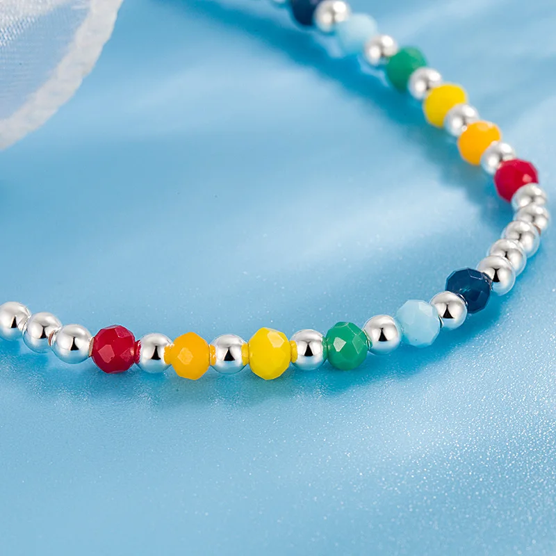 سوار وخلخال فاصوليا قوس قزح الفضي عبارة عن خلخال خرز بوهيمي صيفي مصنوع يدويًا من أجل هدية مجوهرات سعيدة ومريحة