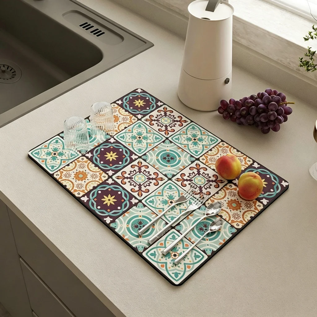 VIKAMA Kitchen Drain Mat Boho Geometric Snowflake Print Kitchen Counter Mat Highly Absorbent Fast Drying Anti Skid Flexible