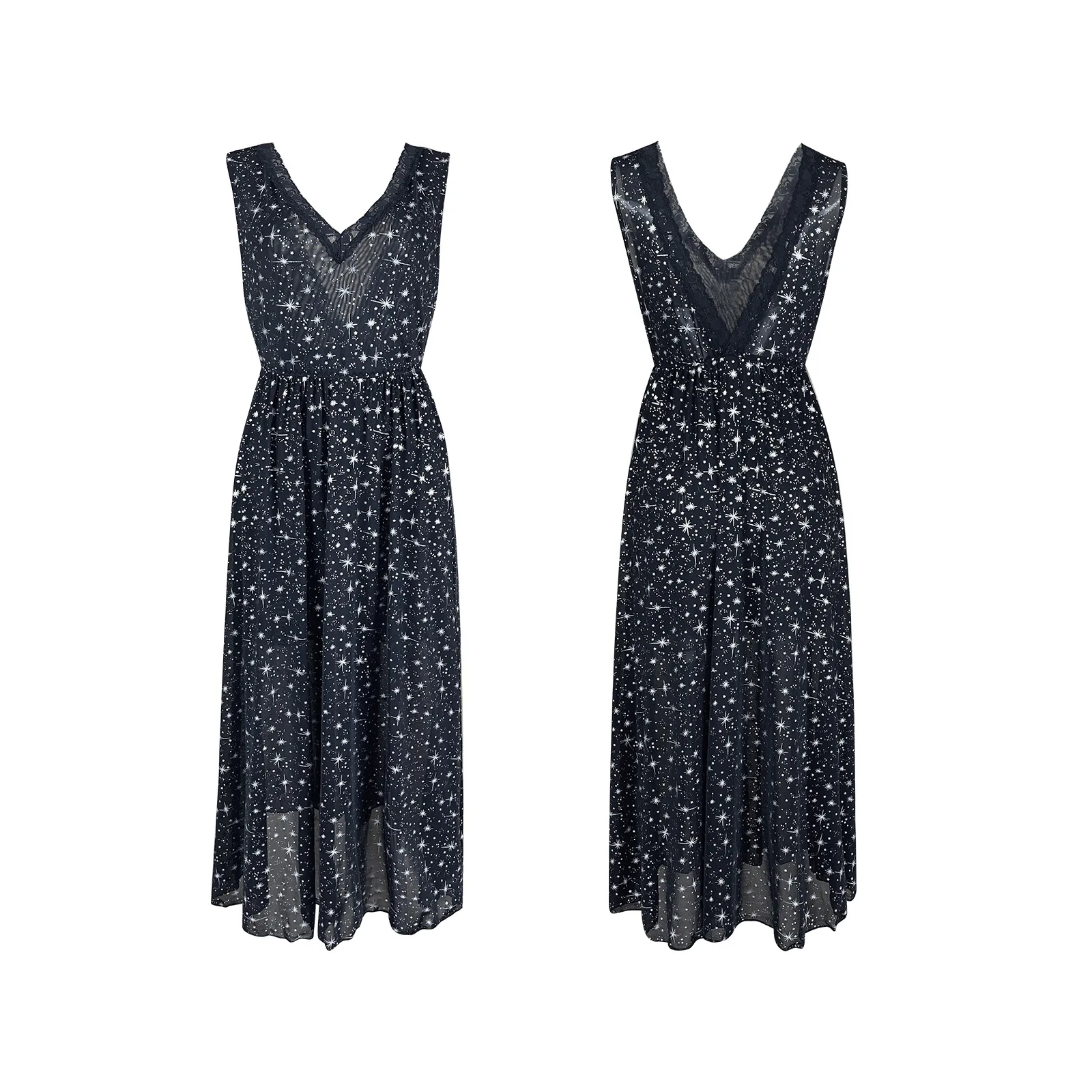 Women Starry Sky Mesh Sleeveless Dress V Neck Lace Trim Back Deep V Elastic Waist Ladies Casual Sleepwear Transparent Dress NDZI