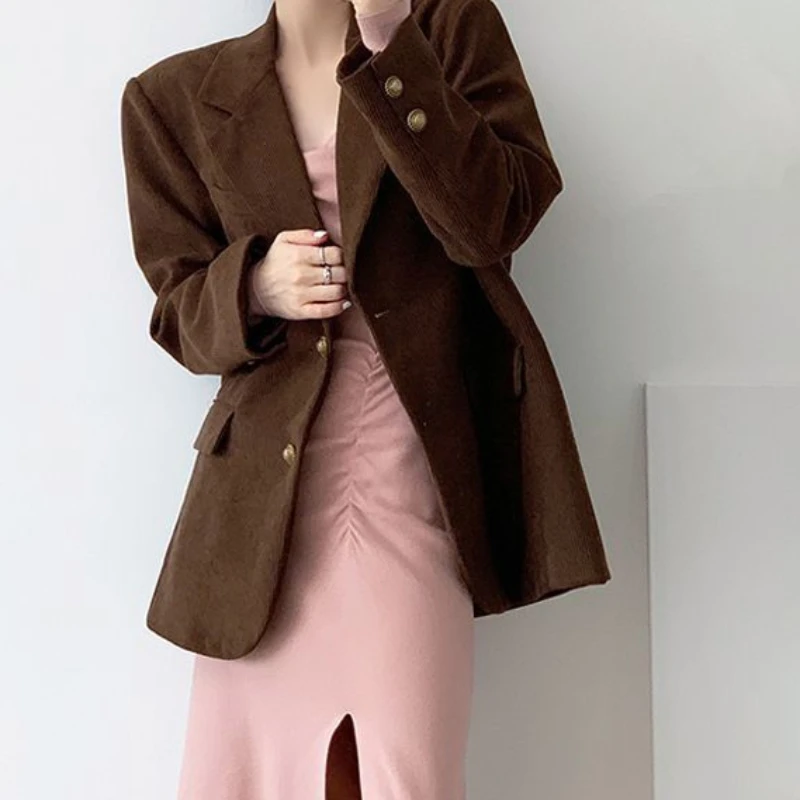 Women\'s Autumn/winter British Style Short Corduroy Blazer Coats Vintage Casual Solid Color Loose Single Breasted Suit Jackets