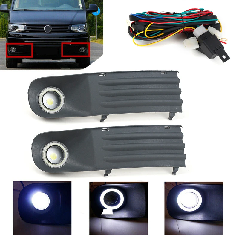 1 Pair For VW Transporter T5 T28 T30 2003 2004 2005 2006 2007 2008 2009 Car Fog Lights Lamps Angel Eye Grilles + Harness