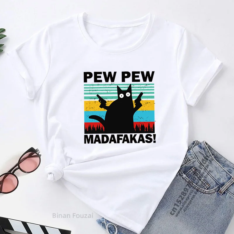 Pew Pew Madafakas Print T-shirts Women Summer 2023 Graphic Tees Funny Shirts For woman tshirts Loose Crew Neck Harajuku Tops