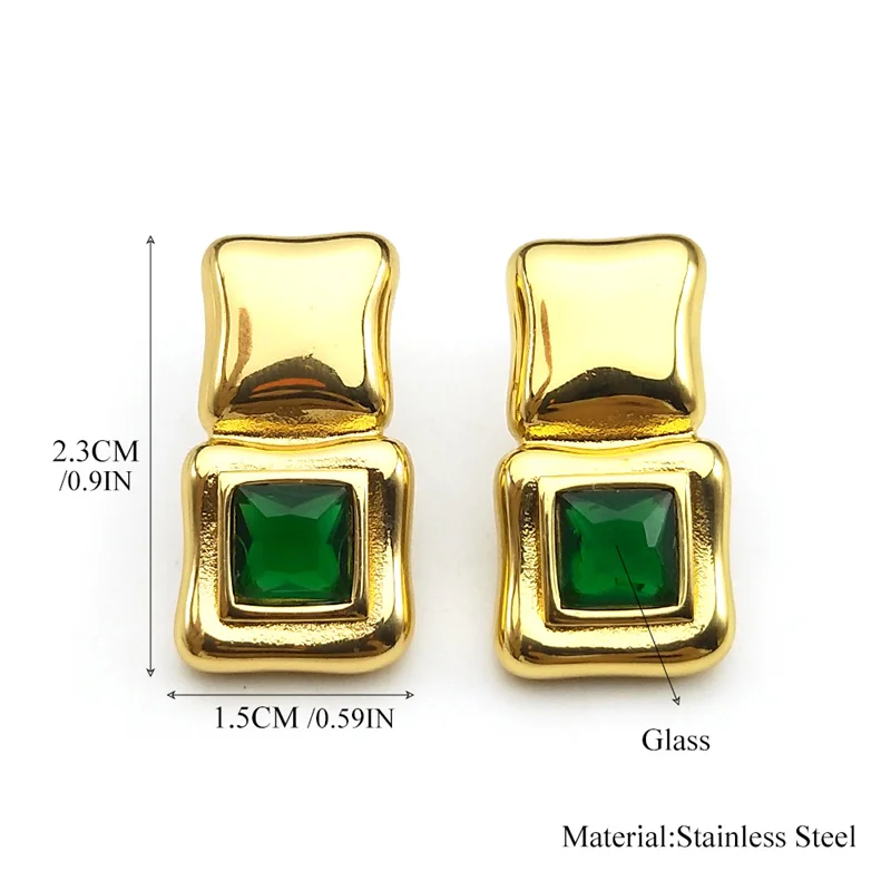 Charm Green Glass Square Earrings for Women Girls Stainless Steel Gold Color Party Female Ear Studs Jewelry Gifts  ZZZ1086
