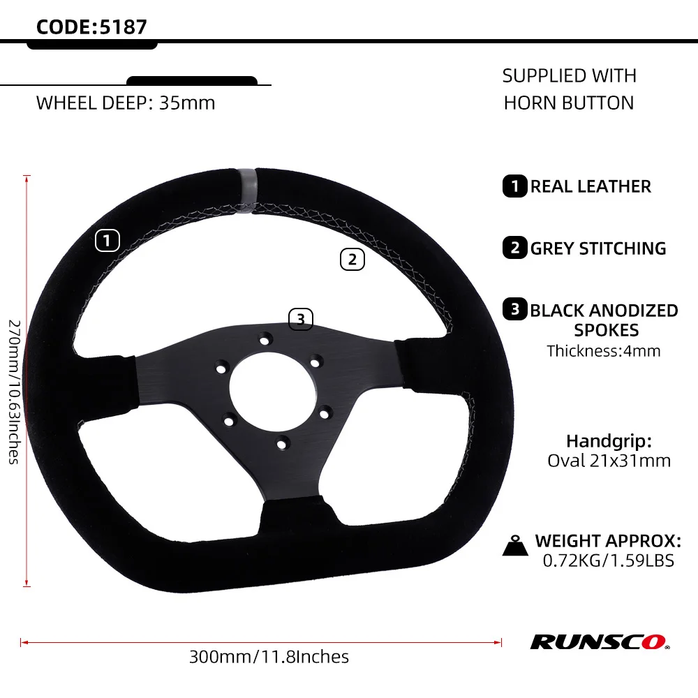 300mm Steering Wheel Flat Suede Car Drift Pc Sim Gaming Sport Control Rims Grey Stitching PCD-6x70mm