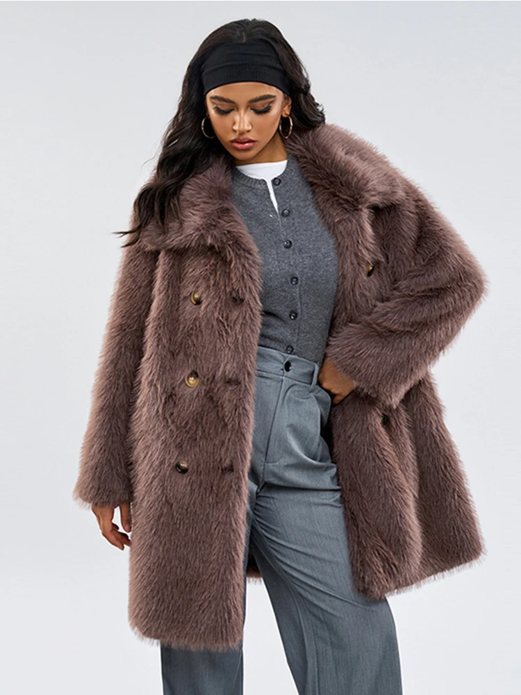 ZADORIN-abrigo elegante de invierno para mujer, ropa holgada con cinturón, abrigo de piel sintética esponjoso, chaquetas de piel sintética con solapa larga, prendas de vestir exteriores de felpa