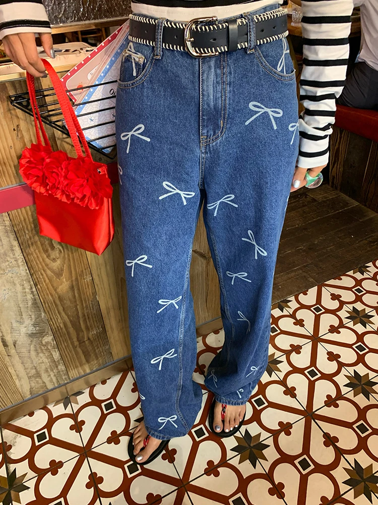 

Свободные женские джинсы с высокой талией и принтом, синие летние прямые брюки Tefamani, джинсовые брюки, женская новинка 2025 года