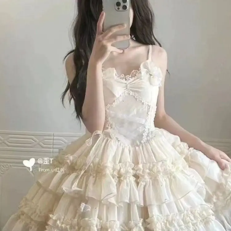 Japan Lolita Niche Sweet Pure Desire Wind Original Design Dress Solid Color Patchwork Lace Princess Sling Jk Sleeveless Slip