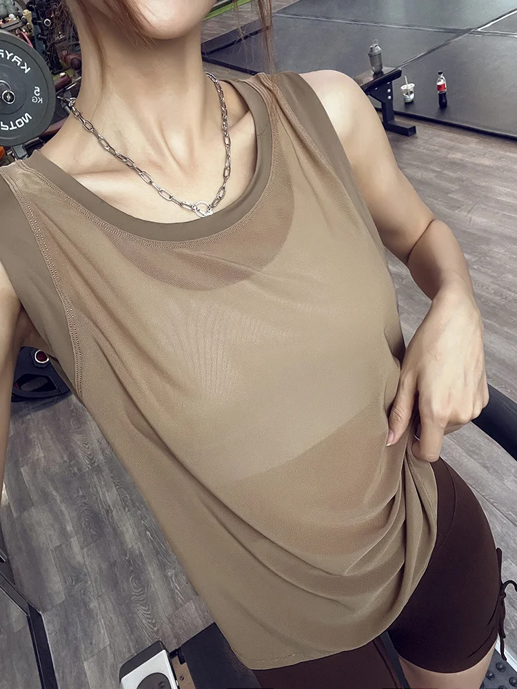 

Women's Yoga Clothes 2026 New Summer Thin Mesh Loose Quick Dry Sleeveless Sports Vest Fitness T-Shirt Top Ocnltiy Brand Silk