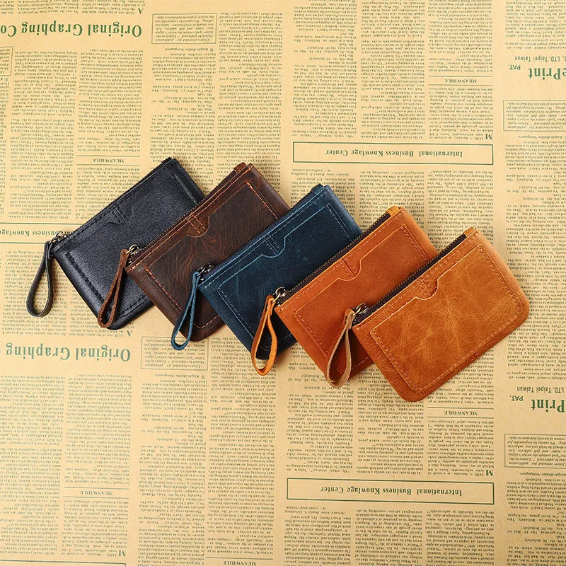 Vintage Genuine Leather Mini Men's Women's Coin Wallet Retro Casual First Layer Leather Credit Card Bag Coin Purse Zipper