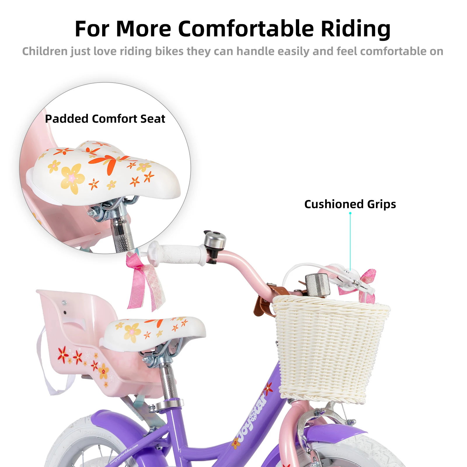 Joystar-子供用トレーニングホイール付き自転車、女の子用人形シート、ストリーマー、バスケット、紫、2〜9歳、12 "、14" 、16 "、18"