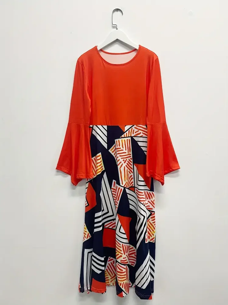 Robe trapèze à manches évasées à imprimé géométrique, robe élégante à col ras du cou et longueur de rinçage, vêtements pour femmes