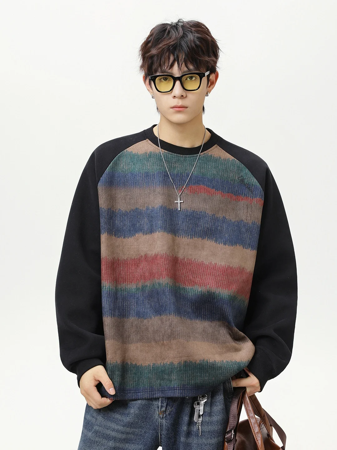 

Мужская толстовка в американском ретро-стиле с градиентным цветовым блоком, круглым вырезом и рукавами до плеч, модная новинка осеннего сезона, повседневный топ-рубашка