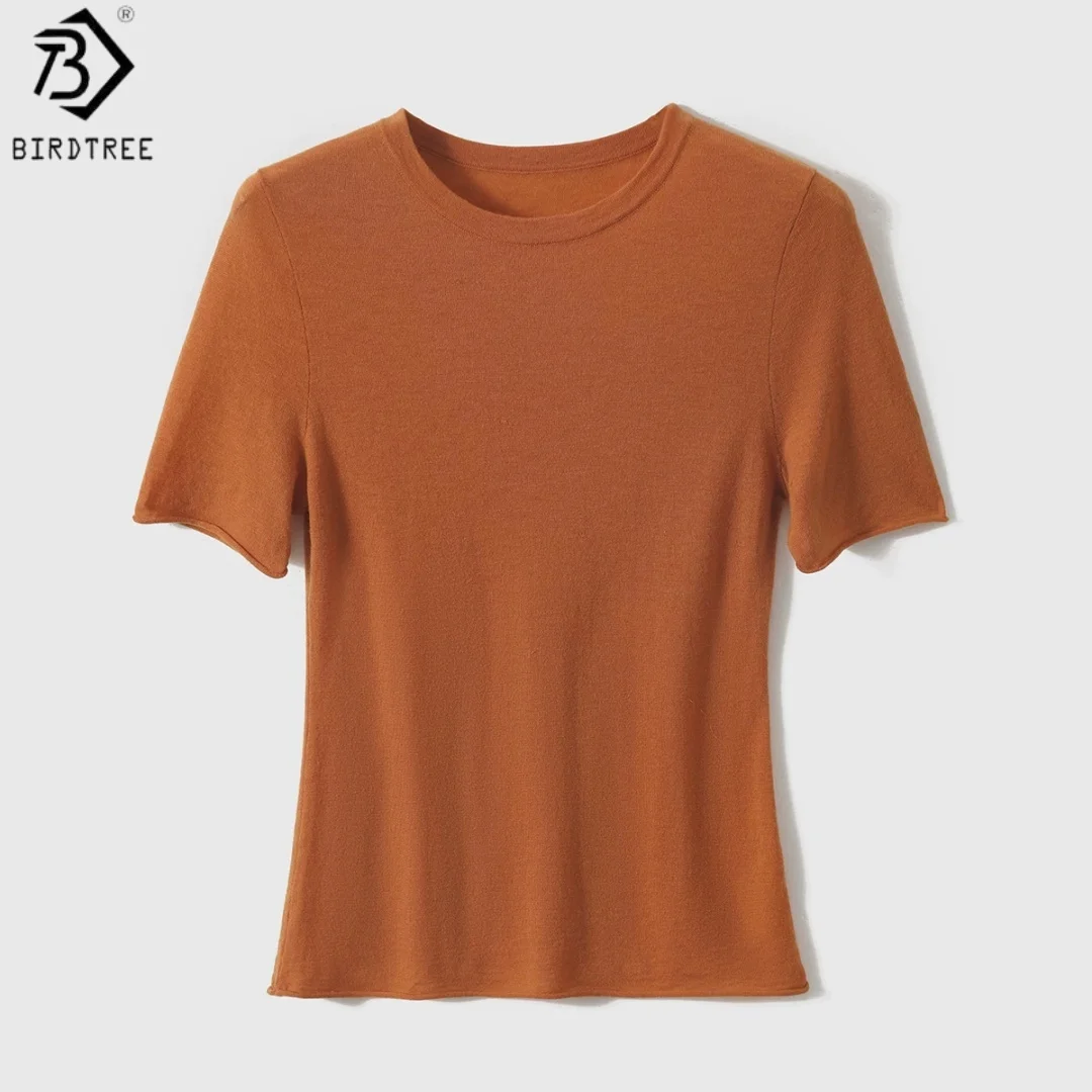 Birdtree, 100% Sheep Wool Solid Tshirt, O-neck Short Sleeve Tops, Women's Thin Knitted Casual Shirt, 2026 Autumn New T67723JF