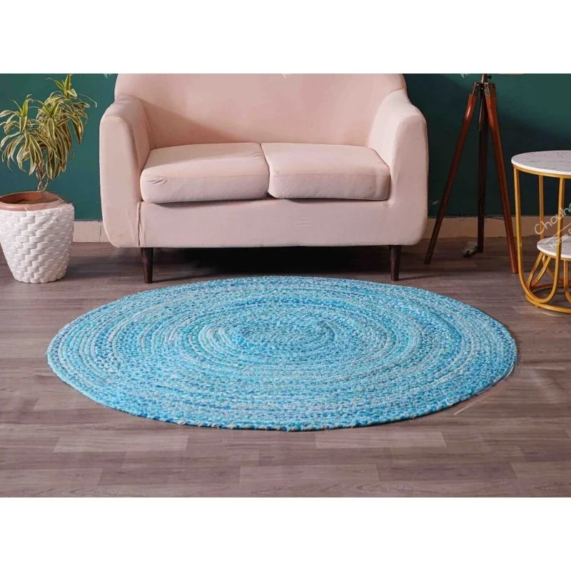 Hand Braided Bohemian Turquoise Cotton Chindi Round Area Rug Cotton Dhurrie Rug