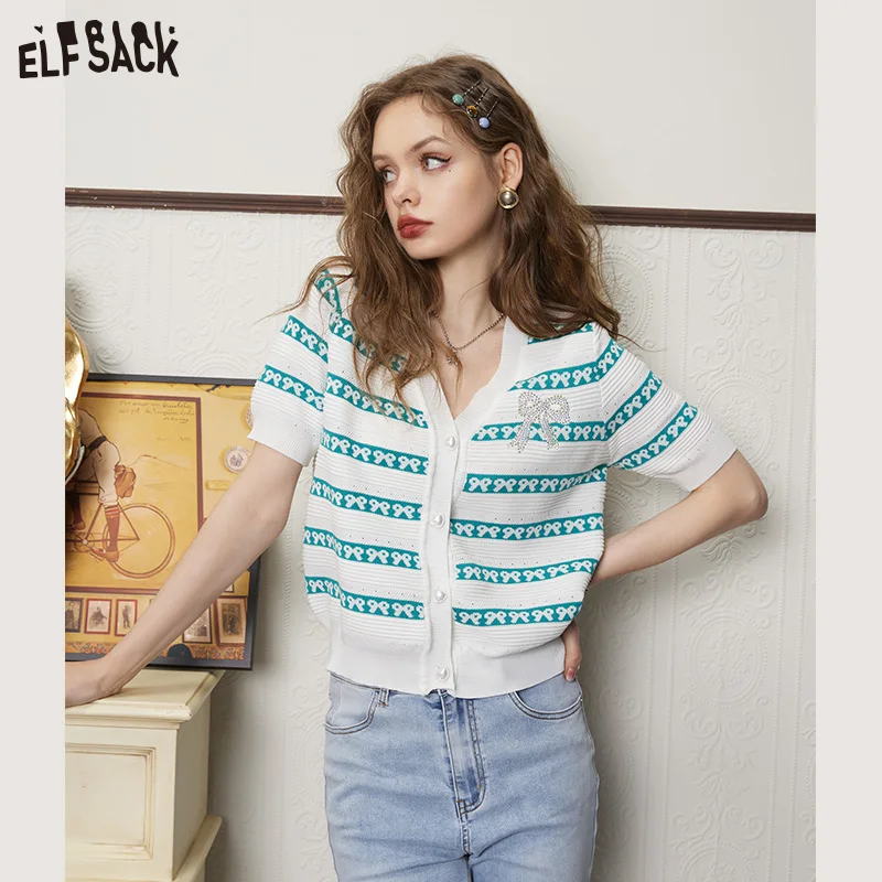 

ELFSACK Striped Knitwears Cardigan Women 2023 Spring/Summer Short Sleeve Basic Tops