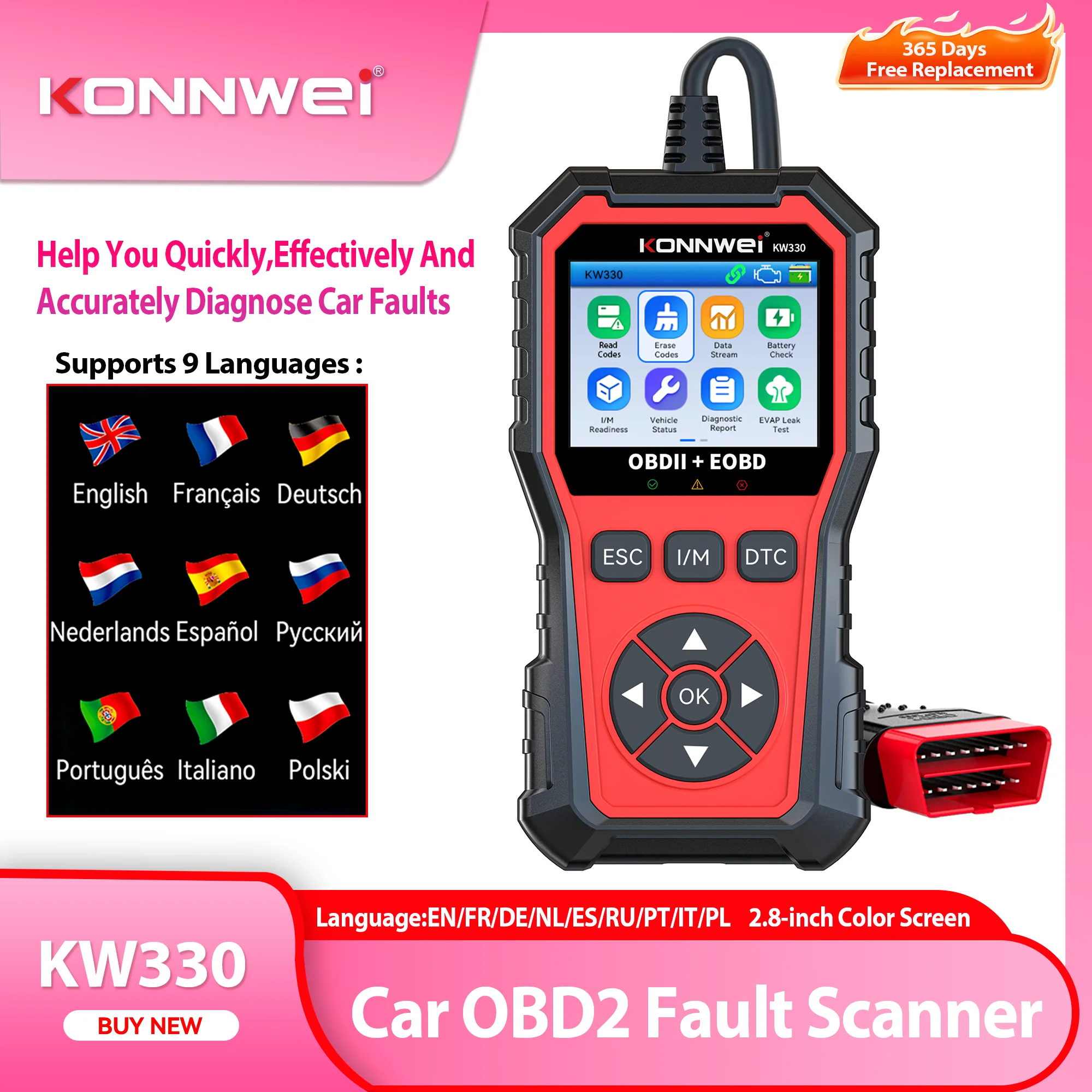 

2026 KONNWEI KW330 Сканер неисправностей автомобиля с полными функциями OBD2, Тест двигателя и аккумулятора, Чтение и стирание кодов неисправностей, Данные в реальном времени, Тест датчика O2