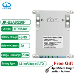 JK BMS Smart JK-B2A8S20P 4S 5S 6S 7S 8S 2A Active Balance Current Continuous Discharge 200A 12V 24V BT for Li-ion LiFePo4 LTO