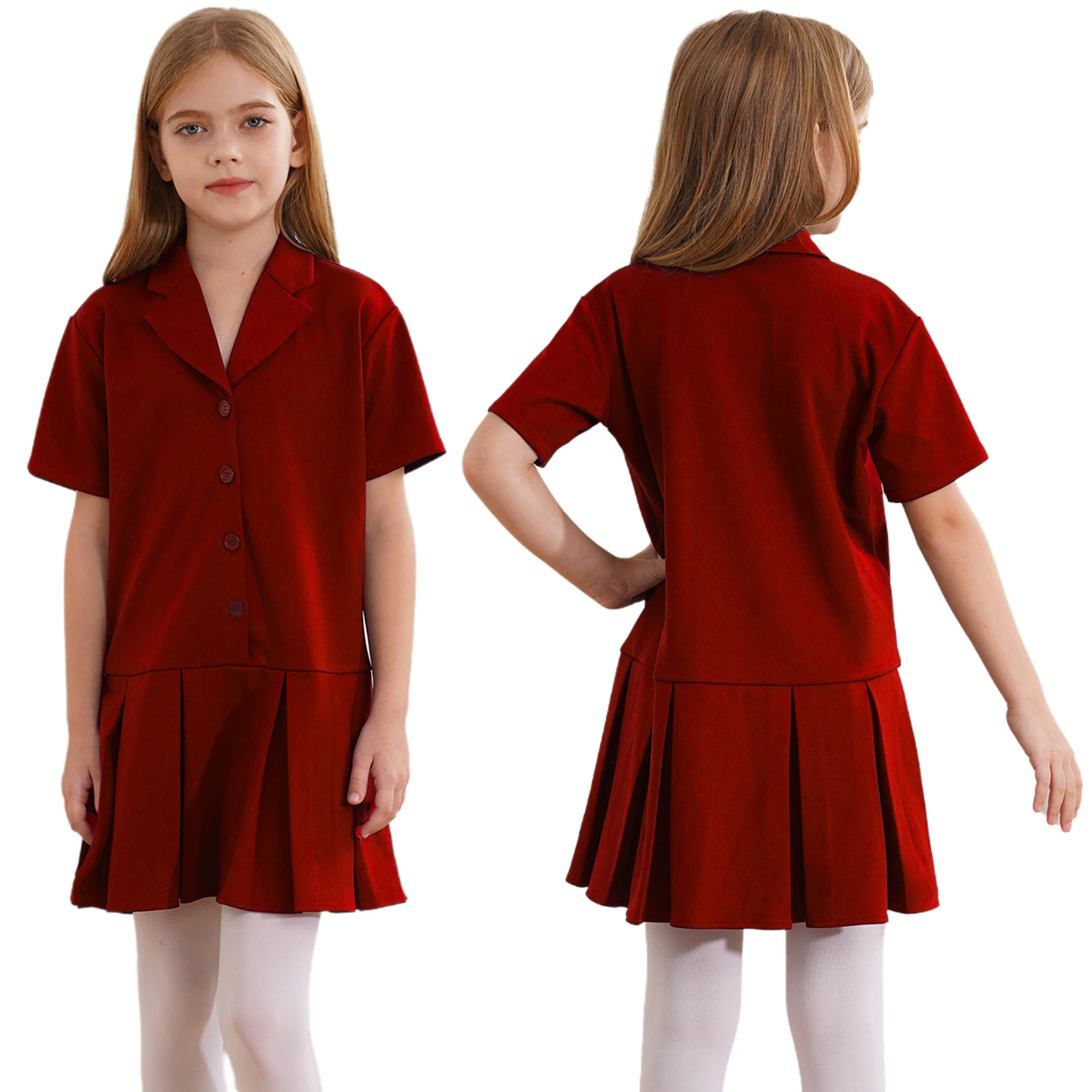 Uniforme scolaire pour filles, robes pour spectacle de danse, robe plissée boutonnée, col cranté, manches courtes, documents solides décontractés, enfants