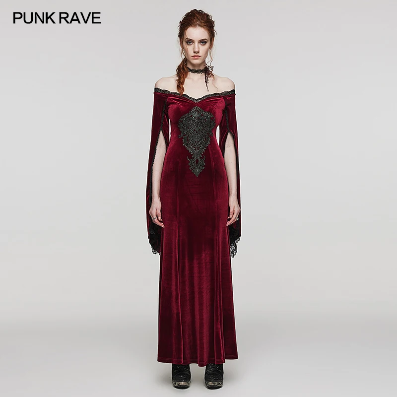 

PUNK RAVE Women's Gothic Delicate Gorgeous Large Decal V-neck Dress Elastic Velvet Party Club Long Dresses Women Clothing