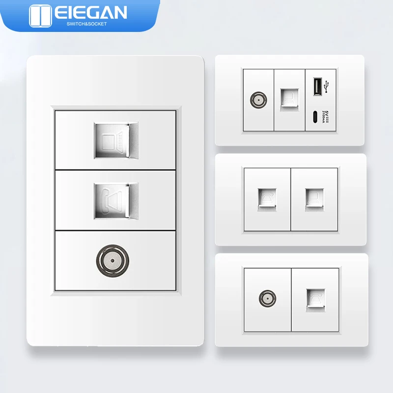 ELEGAN White PC Panel Series 118*74mm Wall Computer Phone Combination Standard Universal Socket With 2.1A USB Type C Switch Home