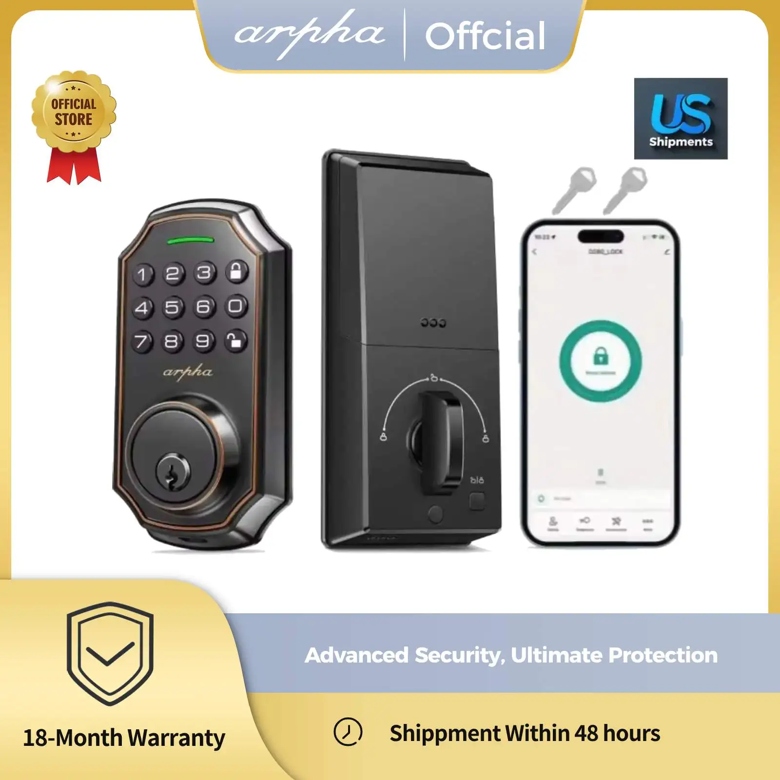 

Arpha Smart Door Lock ‎Keyless Entry Lock w/ 100 Code 16-Digit Anti Peeping Password Electronic Deadbolt Easy to Install D180