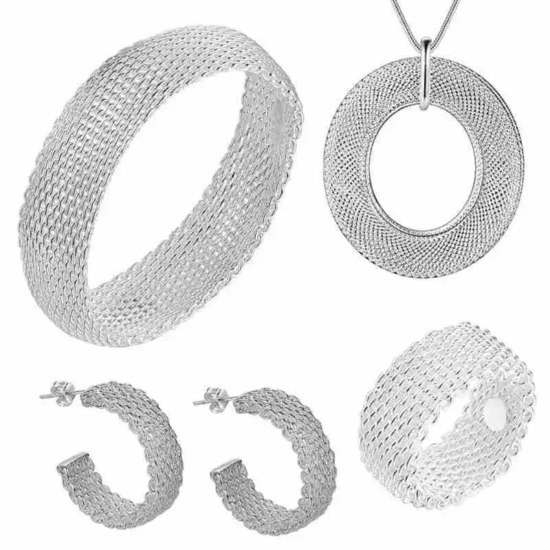 

Luxury 925 Sterling Silver Woven Mesh Pendant Necklace Earrings Bangle Rings Jewelry Set for Women Fashion Designer Gift