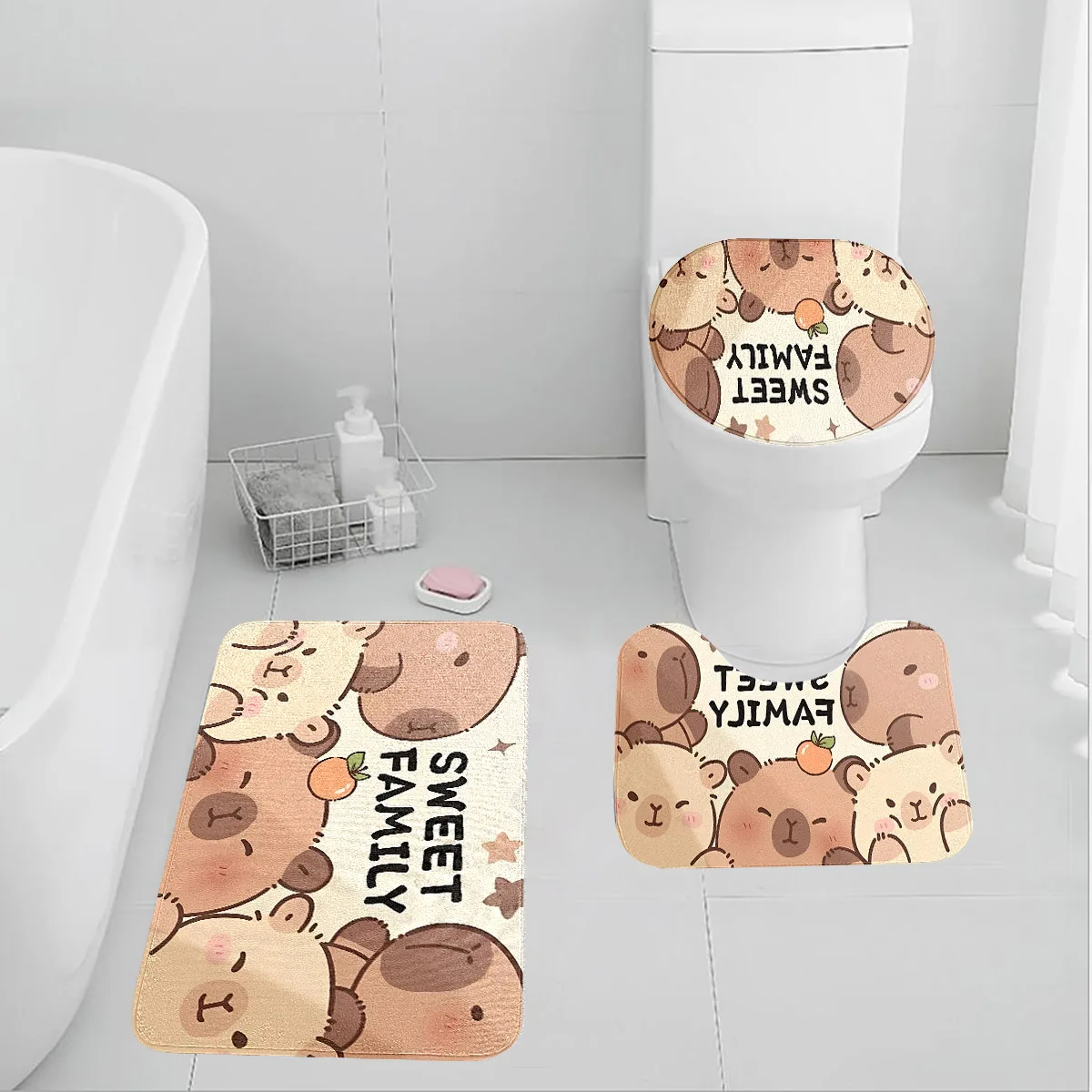 Cute Bear Bathroom Single or Three-Piece Set, Non-Slip Bathroom Mat, U-Shaped Toilet Mat, Toilet Seat Cover, Cozy Family Cartoon Bathroom Foot Mat Set