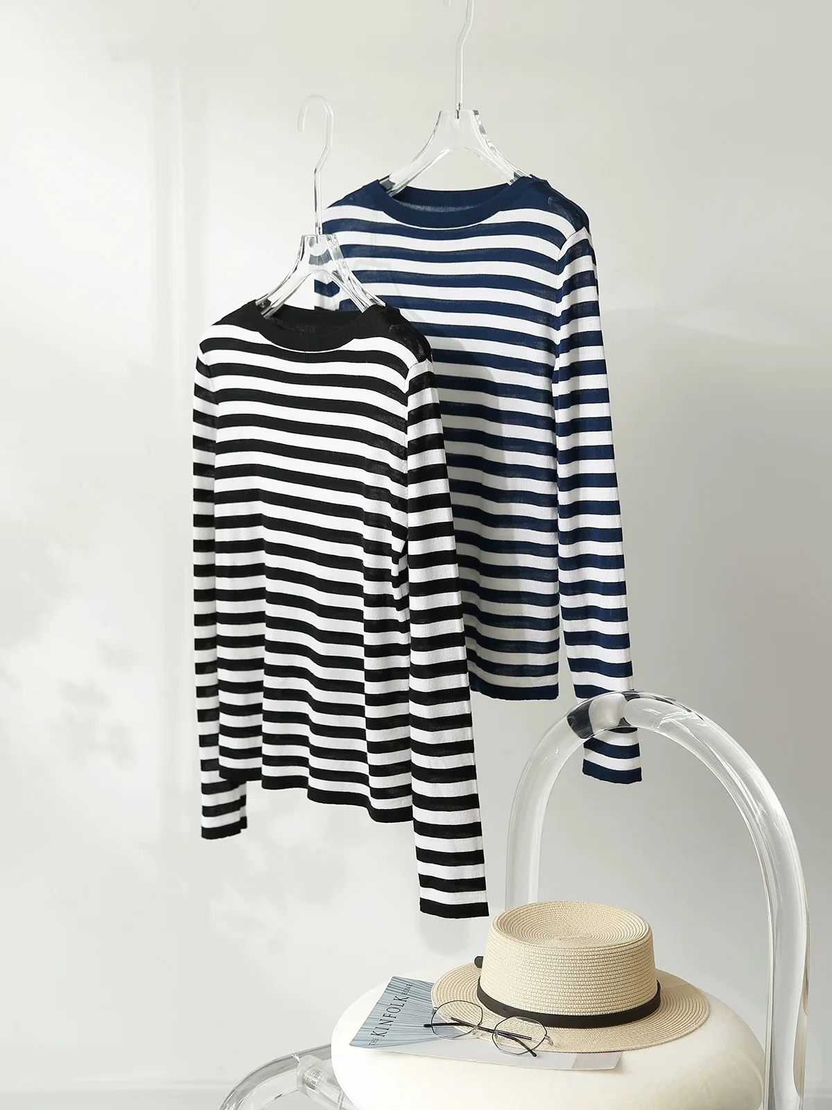 Women New Fine Wool Sweater Round Collar Navy Style Stripes Pullover Autumn Winter Bottoming Shirt Casual Slim Knitting Top