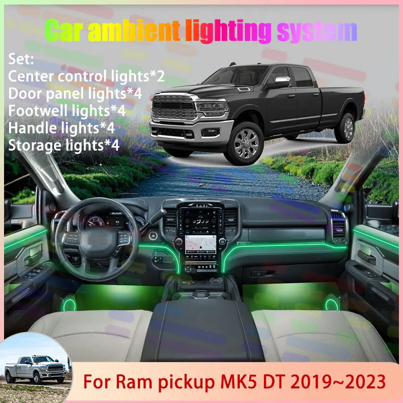 

Для Ram Pickup MK5 DT 2019 ~ 2023 2020 2021 2022 2/18 в 1, автомобильная атмосферная лампа, RGB абажур, ансамбль, стример, атмосферный набор