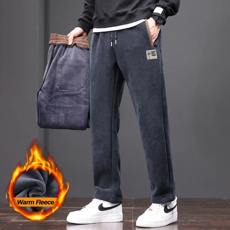 

Зимние флисовые теплые вельветовые брюки, мужские модные спортивные штаны с эластичной резинкой на талии, толстые плюшевые бархатные модные корейские удобные повседневные брюки