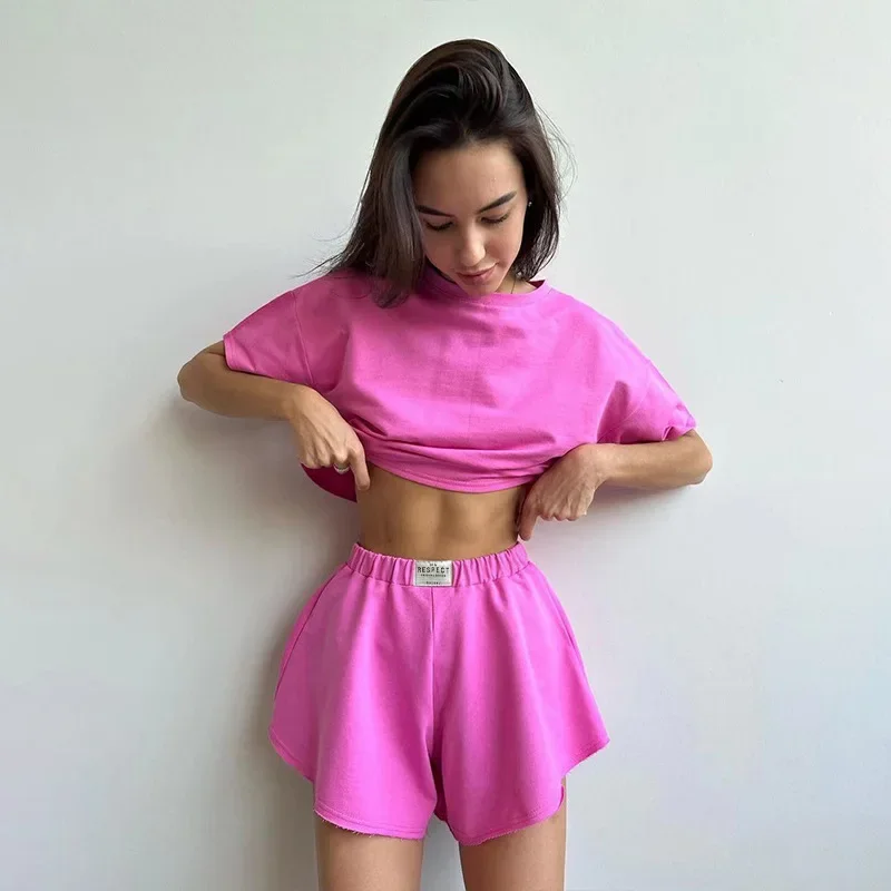 2 Piece Sets Womens Outfits Jogging Sportswear Shorts Set Short Sleeve Solid T-shirt Tops and High-waisted Straight-leg Shorts