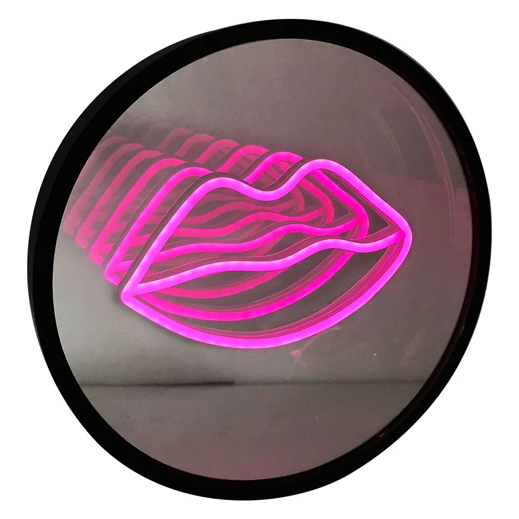 3D Magic Infinite Mirror Multi-layer Lips Pink Light LED Neon Round Mirror Sign USB+Battery Case for Girls Room Decor Night Lamp