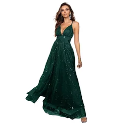 Sexy Shining Mesh Spaghetti Straps High Split V-neck Backless Long Formal Evening Party Dress