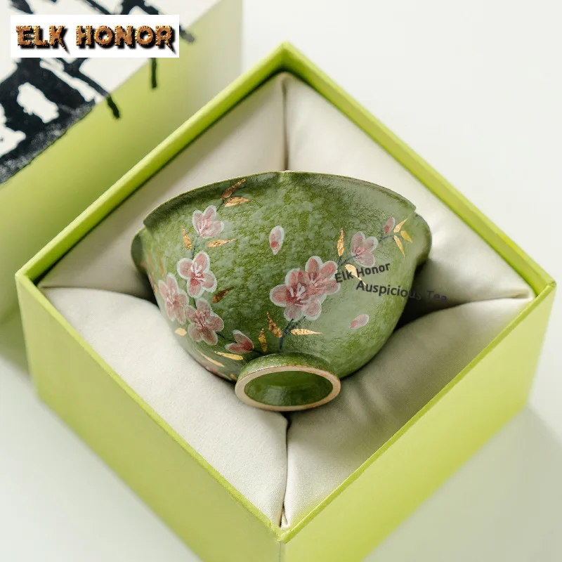 90ml Pure Hand-painted Plum Blossom Green Orange Teacup Tea Bowl Tea-tasting Meditation Cup Chazhan Master Cups Kung Fu Teaset