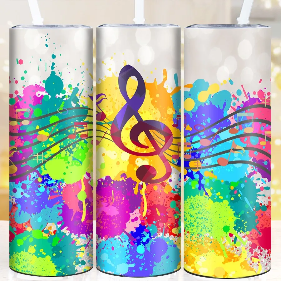 20oz 3D Print Colorful Paint Musical Notes Festive Party Tumblers Straw Lid Stainless Steel Seamless Inflated Coffee Vacuum Cups