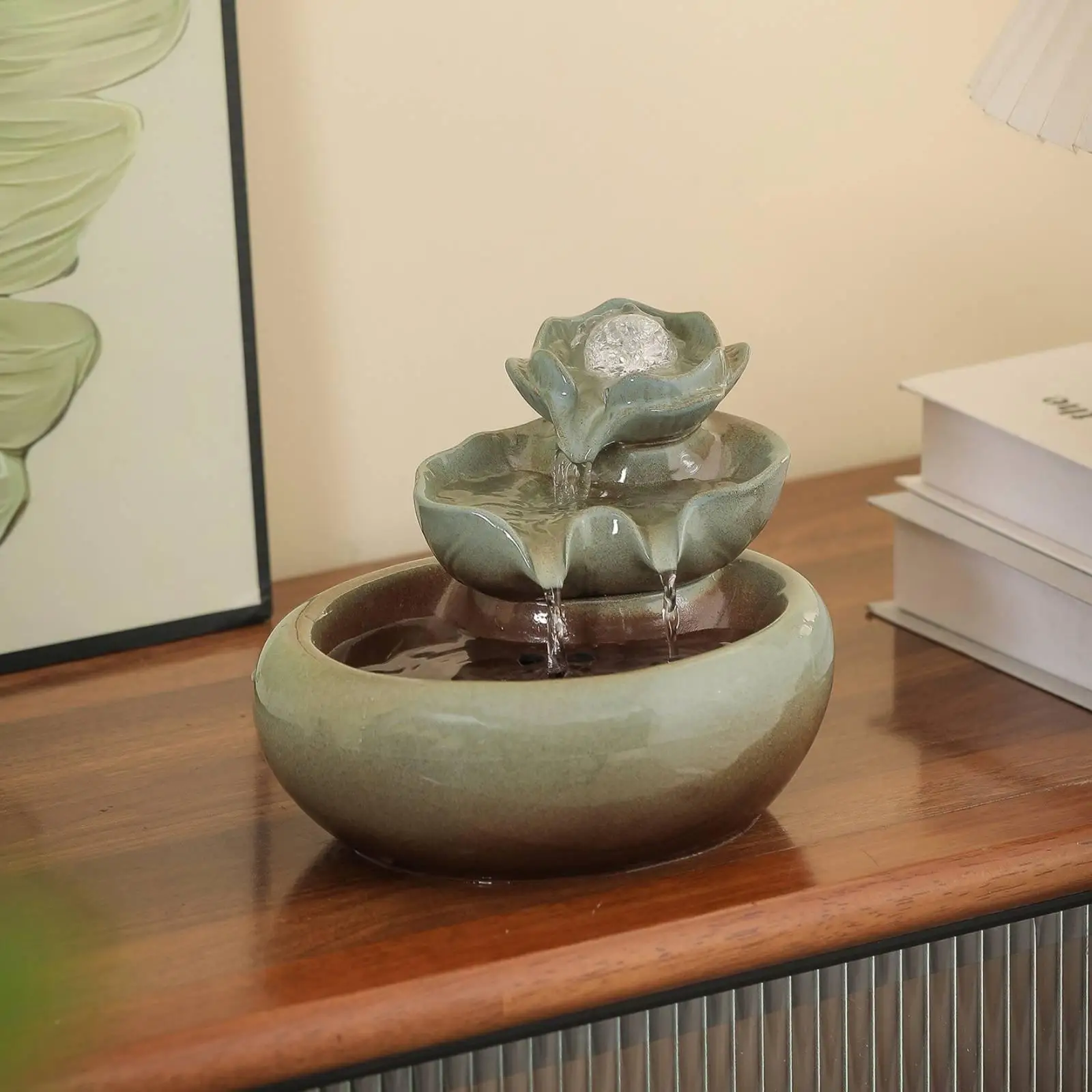 Tabletop Ceramic Water Fountain with Crystal Rolling Sphere for Desk Home Decor Soothing Indoor Zen Garden Art