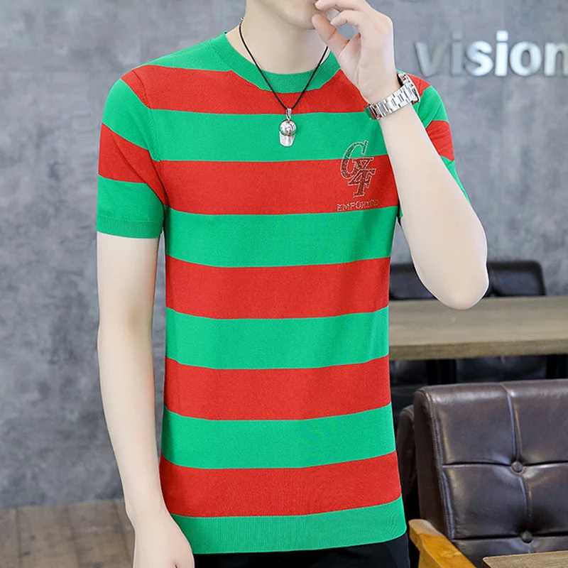 

High Quality Ice Linen Short Sleeve T-shirt Men's Summer New Large Color Striped High Elastic Thin Tops Dropshipping