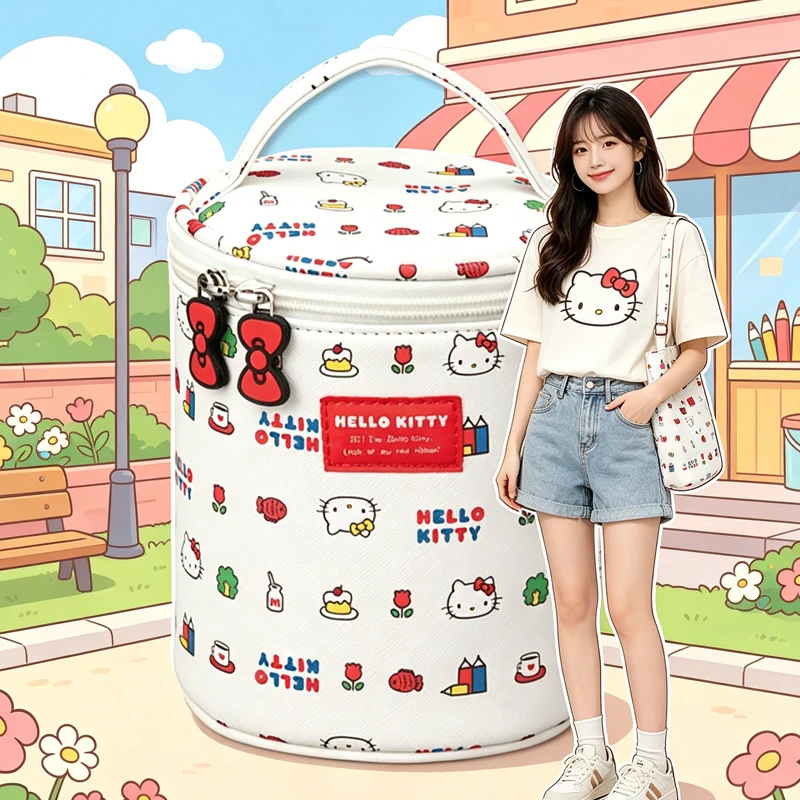

Portable Cartoon Hello Kittys Cosmetic Bag Printing Cylinder Storage Bags for Woman Kawaii Cartoon Beauty Makeup Toolkit