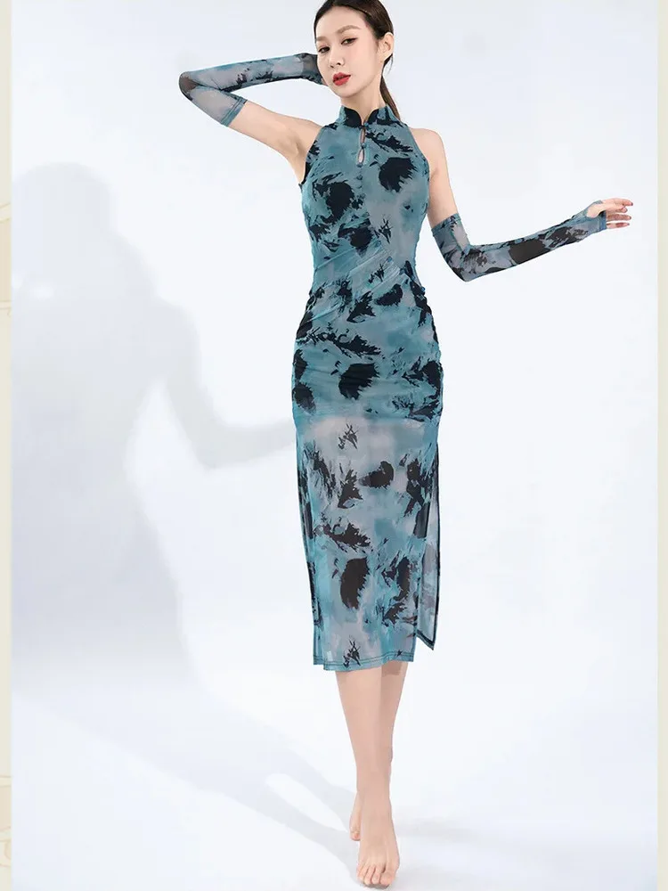 

Slim Fit Kpop Stage Costume Line Dance Women Female Dress Classic Tie Dye Sexy Latin Samba Stand Collar Adult Split Cheongsam