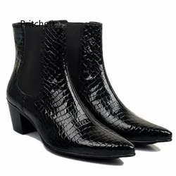 Snake Pattern Genuine Leather Men's Boots Pointed Toe 6.5Cm High Heel Ankle Boots British Style Black Cowhide Handmade Men Shoes