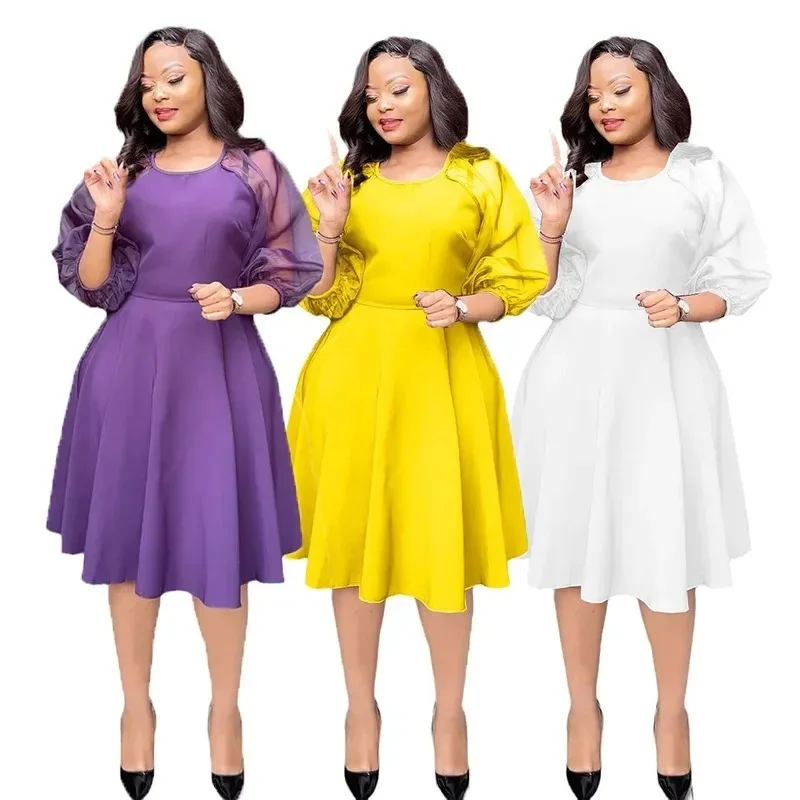 

2024 African Party Evening Dresses for Women Spring Africa 3/4 Sleeve O-neck Yellow Purple White Midi Dress Africa Clothing M-XL