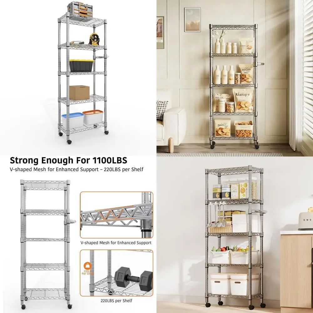 

5-Tier Adjustable Rolling Wire Shelving Rack with Wheels, 1100 lbs Capacity, Silver, 11.8W x 23.6D x 61H