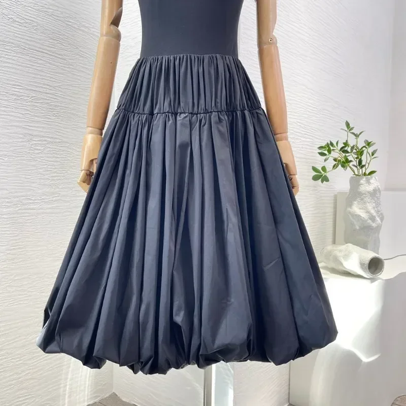 2024 New Black Puffy Hem Ruched Women Elegant Sleeveless Pleats Summer Midi Dresses