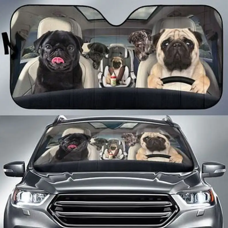 

Pug Family Funny Safe And Driver Auto Sun Shade Windshield Sunshade, Custom Animal Pattern Sunshade, Personalized Gifts