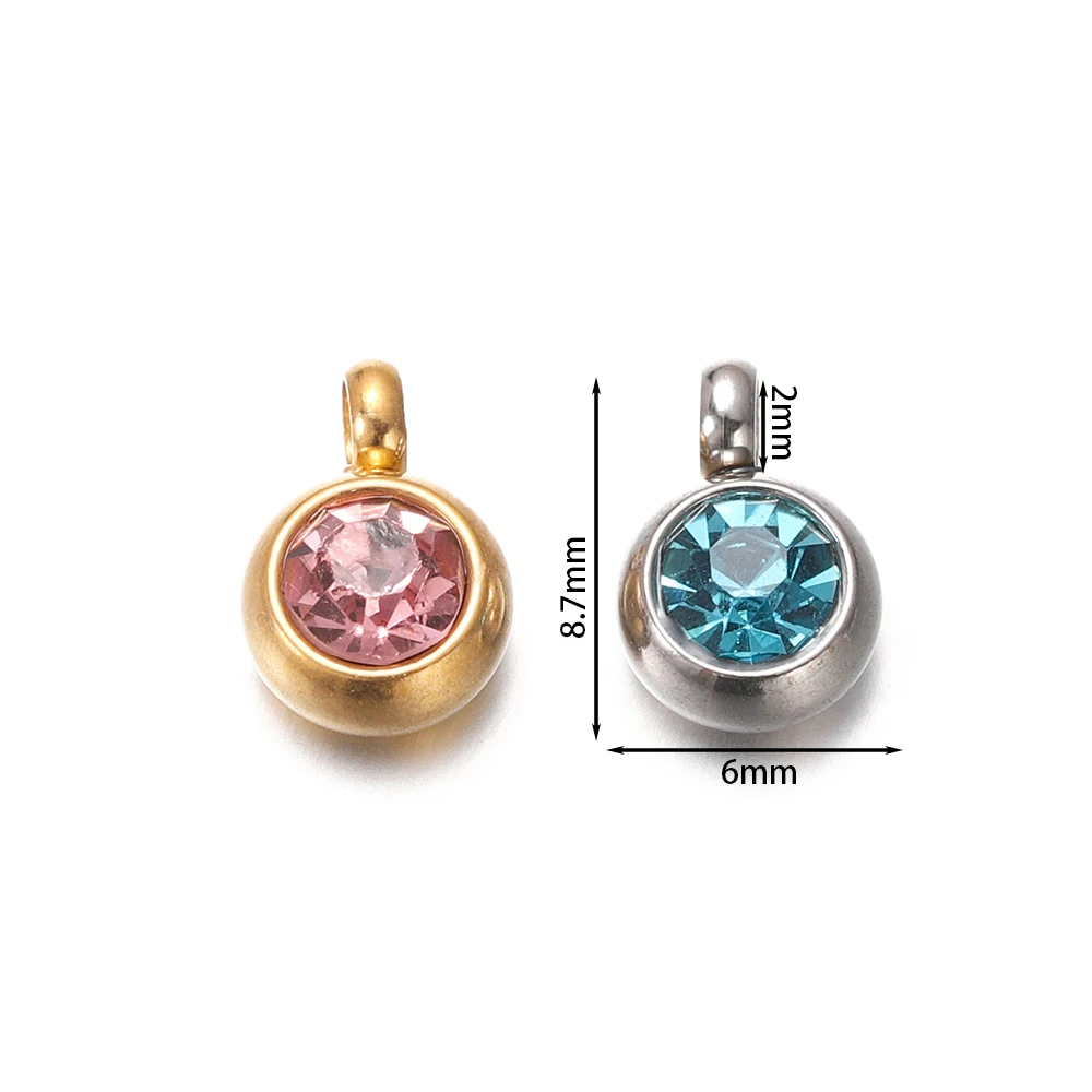 10Pcs 6mm Stainless Steel Birthstones Charms Pendants Rhinestone Crystal Beads Pendant for Necklace Bracelet Jewelry Making