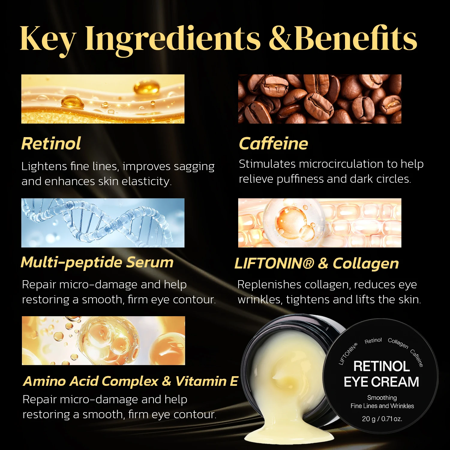 しわ対策レチノールアイクリーム、肌を引き締め、エイジングケアで小じわ、クマ、むくみを軽減、0.71オンス